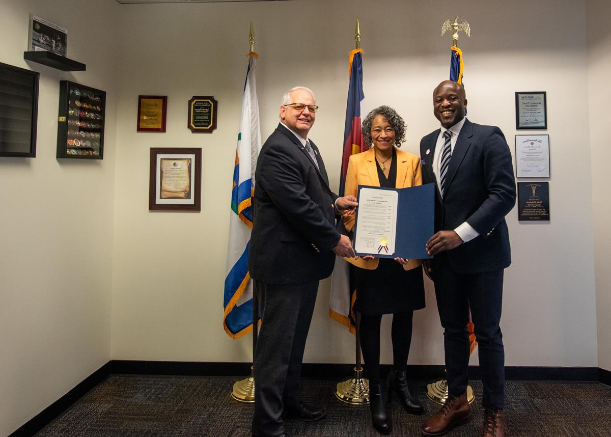 President Song Richardson with Colorado Springs Mayor Blessing 'Yemi' Mobolade and City Council President Randy Helm  - Photo by Karuna Abe